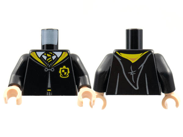 Lego Torso Hogwarts Robe Clasped with Hufflepuff Crest, Sweater, Shirt and Tie Pattern / Black Arms / Light Nougat Hands