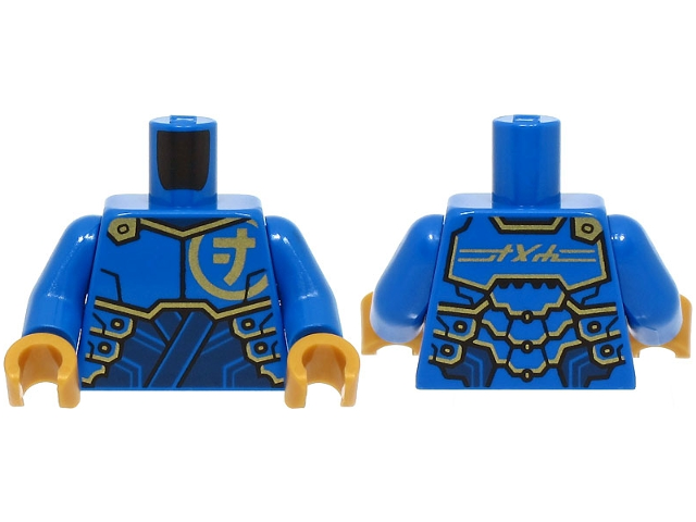 Lego Torso Armor Plates over Dark Blue Tunic, Gold Trim and Ninjago Logogram Letter J, 'JAY' on Back Pattern / Blue Arms / Pearl Gold Hands