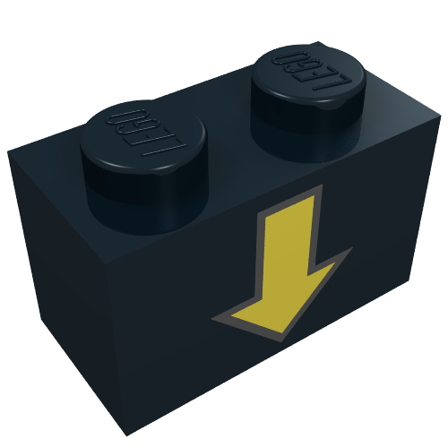 Lego Brick 1 x 2 with Yellow Down Arrow and Black Border Print / Black