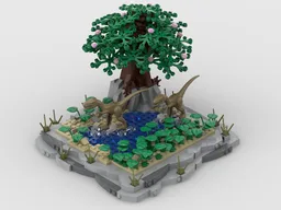Dinosaurs diorama walks in a stream