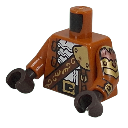 Lego Torso, Coat, Dark Brown Strap with Bottles, Gold Decorations, White Shirt with Ruffles, Black Belt print, Dark Orange Arms, Dark Brown Hands / Dark Orange
