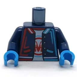 Torso, Jacket, Medium Azure/Red Trim, Collar, Pockets, White shirt with Red M in Red/Medium Azure Circle Print, Dark Blue Arms, Dark Azure Hands / Dark Blue