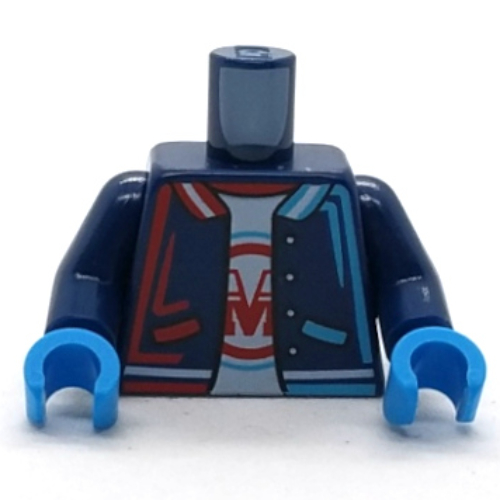 Lego Torso, Jacket, Medium Azure/Red Trim, Collar, Pockets, White shirt with Red M in Red/Medium Azure Circle print, Dark Blue Arms, Dark Azure Hands / Dark Blue
