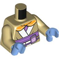 Lego Torso, Jedi Robe, White Trim, Lavender Belt, Orange Scarf print, Tan Arms, Medium Blue Hands / Tan