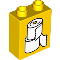 Duplo Brick 1 x 2 x 2 with Two White Toilet Paper Rolls Print / Yellow