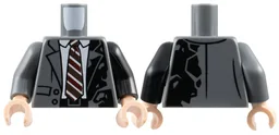 Torso Suit Jacket Open with Pockets, Buttons and Burned Left Side over White Shirt, Tie with Dark Red and Dark Brown Stripes, Black Belt Pattern / Black Arm Left / Dark Bluish Gray Arm Right / Light Nougat Hands