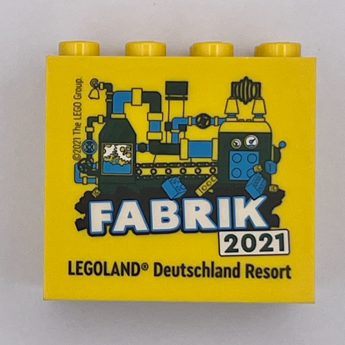 Lego Brick 2 x 4 x 3 with 'LEGOLAND Deutschland Resort FABRIK 2021' / Yellow