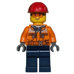 Construction Worker, Orange Safety Jacket, Dark Blue Legs, Red Hard Hat