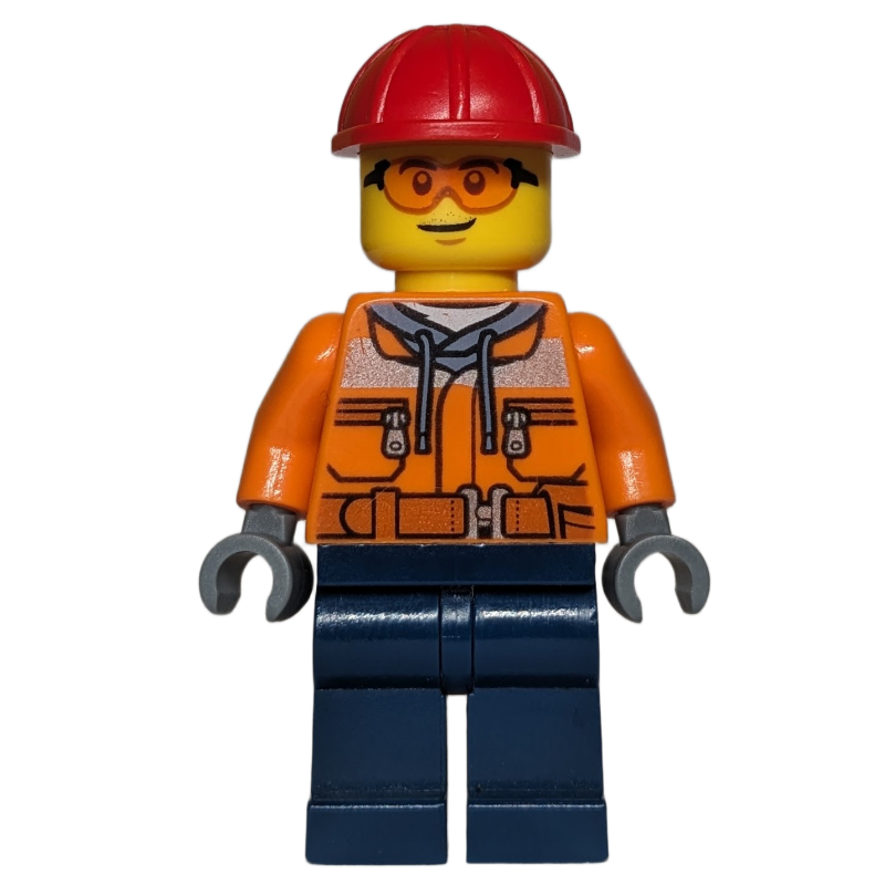 Lego Construction Worker, Orange Safety Jacket, Dark Blue Legs, Red Hard Hat