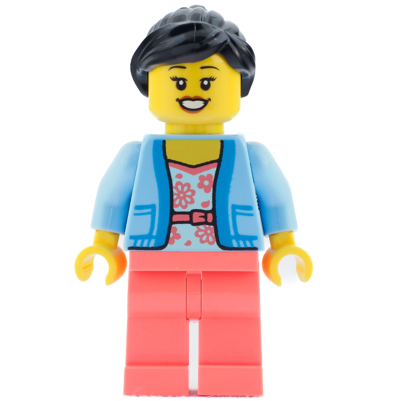Lego Bright Light Blue Torso, Coral Legs, Black Hair