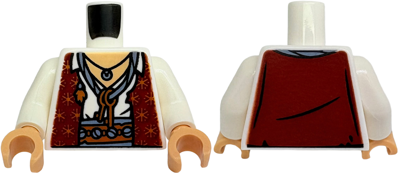 Lego Torso Dark Red Vest with Sparkles over White Shirt with Open Collar, Medium Tan Neck, Dark Orange Belt with Beads, Sand Blue Sash, Necklace and Cord with Keys Pattern / White Arms / Medium Tan Hands