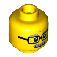 Minifig Head Chuck, Glasses Rectangular, Gray Eyebrows and Moustache Print / Yellow