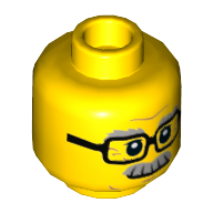 Lego Minifig Head Chuck, Glasses Rectangular, Gray Eyebrows and Moustache Print / Yellow