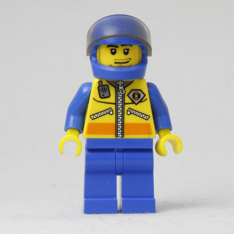Lego Coast Guard, Yellow Jacket with Zipper, Radio and Badge, Blue Helmet with Visor, Stubble