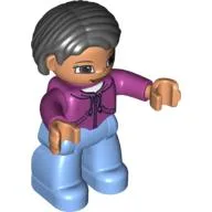 Duplo Figure Bob / Pageboy Hair Black, with Medium Blue Legs, Magenta Top, Brown Eyes / Magenta