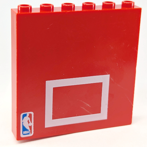 Lego Brick 1 x 6 x 5 with White Rectangle/Basketball Board print / Red