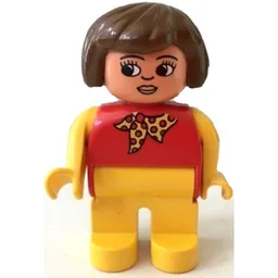 Duplo Figure, Early, Hair Bob Brown, Yellow Legs, Yellow Arms, Yellow Scarf with Red Dots, White Eyes Print / Red