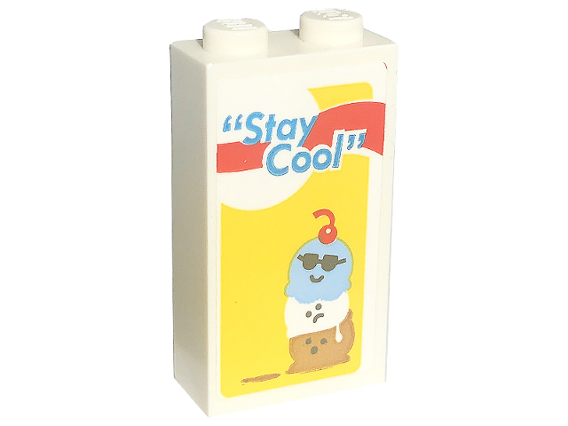 Lego Brick 1 x 2 x 3 with '"Stay Cool"' and Scoops of Ice Cream on Yellow Background Pattern (Sticker) - Set 60253