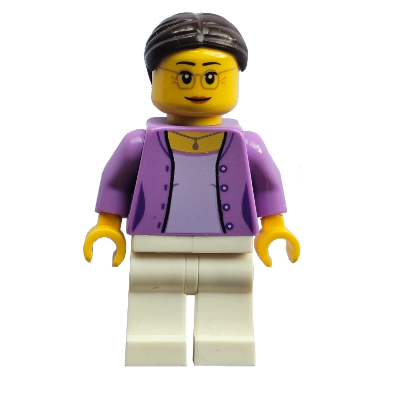 Lego Female, Open Medium Lavender Jacket over Lavender Shirt, White Legs, Glasses