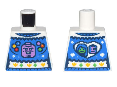 Lego Torso Female Holiday Sweater with Blue Panel, Collar and Waistband, Medium Lavender Thanos Head, Infinity Stones, and Heart with Gamora and Nebula Heads on Back Pattern
