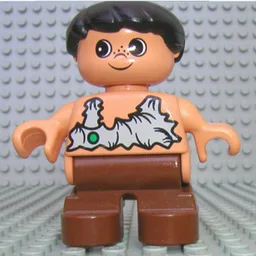 Duplo Figure, Early Child, Hair Swept Left Black, Brown Legs, Rag Shirt with Green Spot, Freckles Print (Caveman) / Nougat