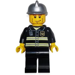 Fireman, Black Fire Jacket with Reflective Stripes, Radio, and Badge, Silver Helmet, Cheek Lines