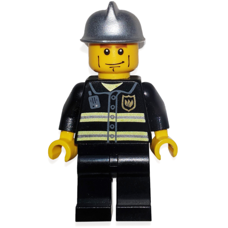 Lego Fireman, Black Fire Jacket with Reflective Stripes, Radio, and Badge, Silver Helmet, Cheek Lines