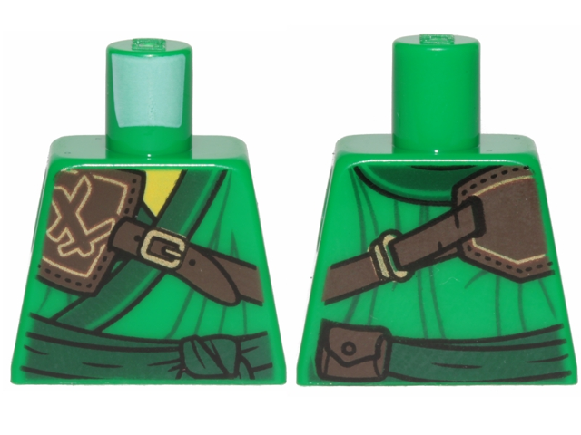 Lego Torso Ninjago Robe with Dark Green Trim and Sash, Dark Brown Leather Pauldron Pattern