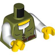Lego Torso, Vest, White Top, Reddish Brown Belt, Laces print, White Arms, Yellow Hands / Olive Green