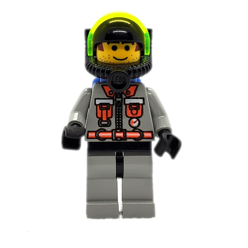 Lego Fireman, Light Gray Fire Suit with Zipper, Gauge, and Pouches, Breathing Apparatus with Visor, Airtanks, Printed Hair and Stubble