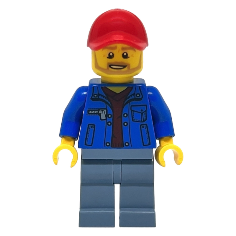Lego Blue Jacket, Sand Green Legs, Beard, Red Cap