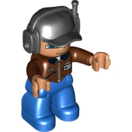 Duplo Figure with Headset and Cap Black, with Reddish Brown Top with ID Badge Print, Nougat Face and Hands, and Blue Legs / Reddish Brown