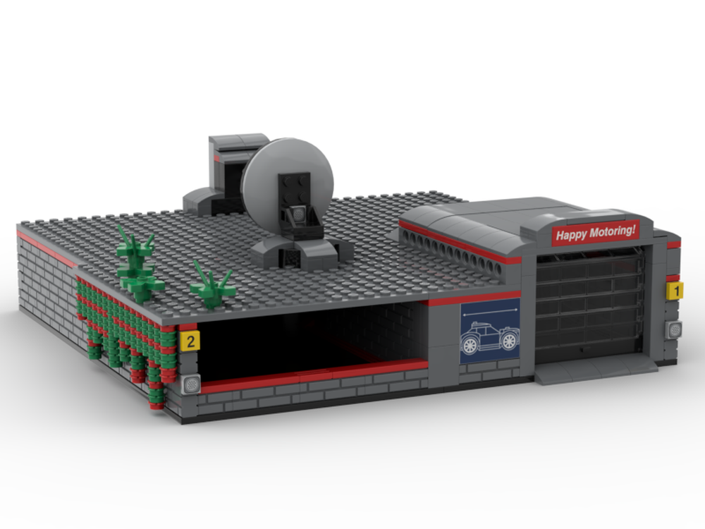 Lego Garage (intended for 4-wides/hotwheels but pillars can be removed to fit 8/6 wides)