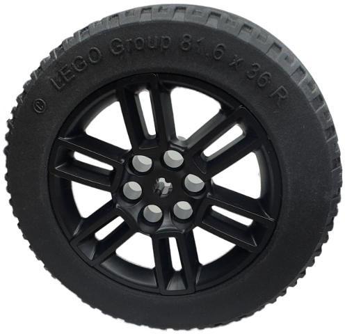 Lego Wheel 56mm D. x 34mm Technic Racing Medium, 6 Pin Holes, Axle Hole, Open Spokes with Black Tire 81.6 x 36 R Technic Straight Tread (49294 / x1825)