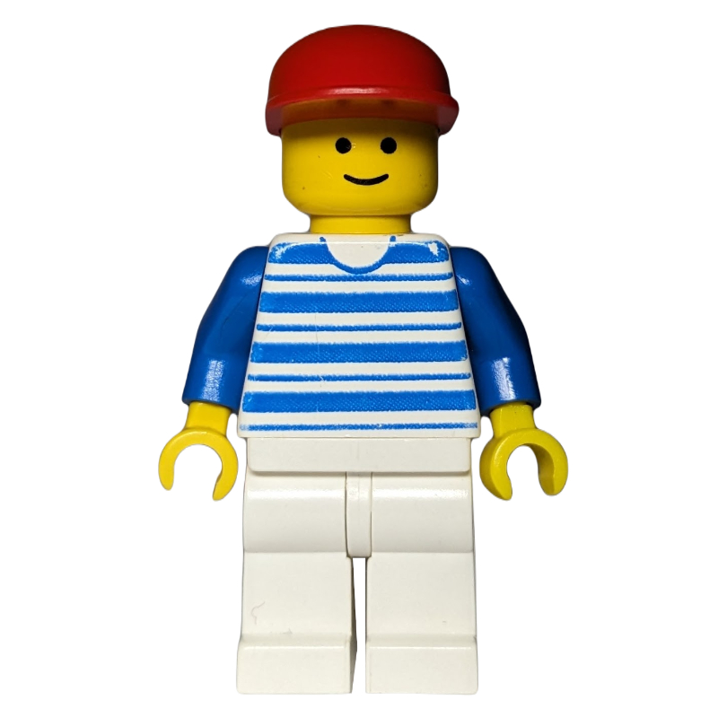 Lego Man, White and Blue Striped Shirt, White Legs, Red Cap