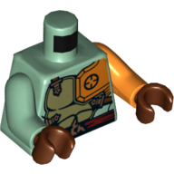 Lego Torso, Odd Arms, Armor, Olive Green with Orange Shoulder Cover, Belt Print, Left Orange Arm, Right Sand Green Arm, Reddish Brown Hands / Sand Green