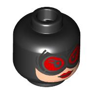 Lego Minifig Head Catwoman, Light Nougat Face, Silver Goggles with Red Glasses, Red Lips, Stitches on Back / Black