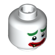 Lego Minifig Head Joker, Green Eyebrows, Medium Blue Eye Shadow, Thick Red Lips, Smile with Sharp Tooth / Very Sad Frown Print / White