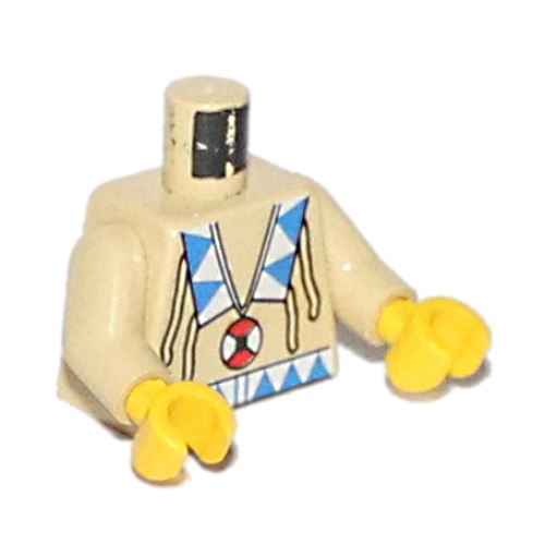 Lego Torso Buckskin Tunic with American Indian Decorations, Blue and White Triangles, and Red and White Amulet Print, Tan Arms, Yellow Hands / Tan