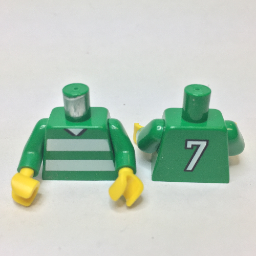 Lego Torso Soccer Horizontal White Stripes and '7' Back Print, Green Arms, Yellow Hands / Green