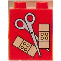 Duplo Brick 1 x 2 x 2 with Scissors and Bandaids Print / Red
