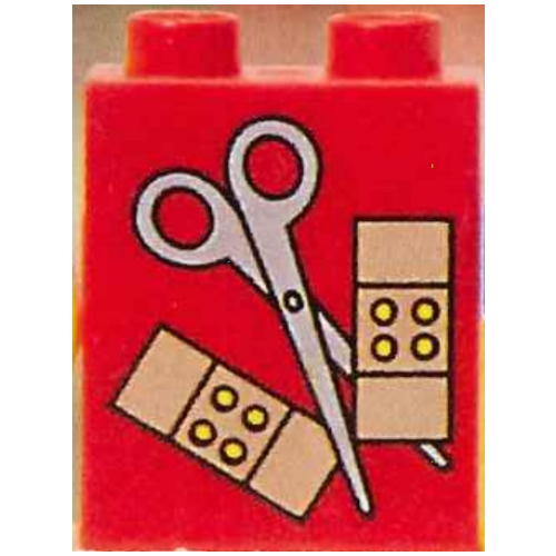 Lego Duplo Brick 1 x 2 x 2 with Scissors and Bandaids Print / Red