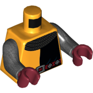 Lego Torso Armor, Black Panel and Scarf, Belt Print, Pearl Dark Gray Arms, Dark Red Hands / Bright Light Orange