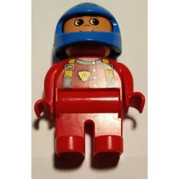 Duplo Figure, Early, Helmet Blue, Red Legs, Red Top with Cat Eye Racer Logo Print / Red