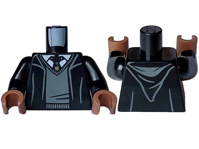 Lego Torso Robe with Hood, Dark Bluish Gray Sweater, White Shirt and Hogwarts Crest Tie Pattern / Black Arms / Medium Brown Hands