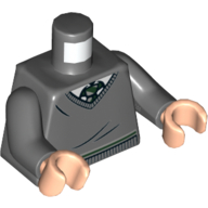 Lego Torso Sweater, White Collar, Green and White Necktie and Waist Trim (Slytherin) Print, Dark Bluish Gray Arms, Light Nougat Hands / Dark Bluish Gray