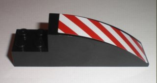 Lego Slope, Curved 8 x 2 x 2 with 4 Recessed Studs with Red and White Danger Stripes Pattern Right (Sticker) - Set 7632