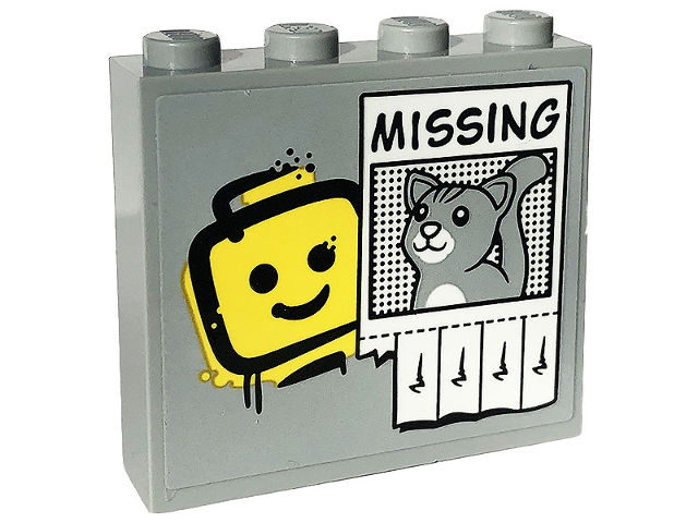 Lego Brick 1 x 4 x 3 with Yellow Minifigure Head Graffiti, Black 'MISSING' and Light Bluish Gray Cat on Poster Pattern (Sticker) - Set 60319