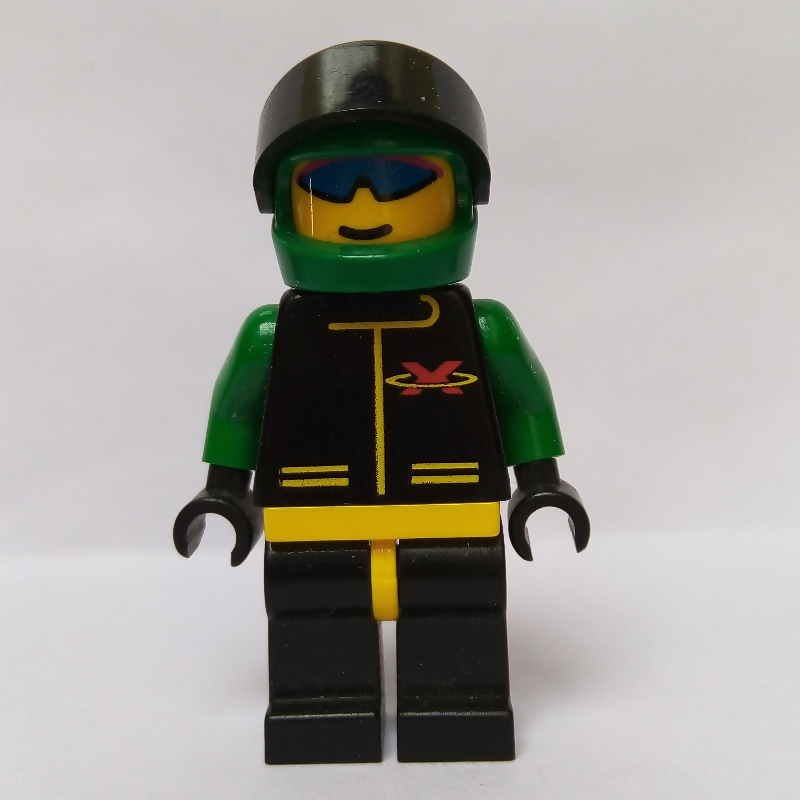 Lego Racer, Extreme Team, Black Jacket, Black Legs, Green Helmet with Visor, Blue Sunglasses