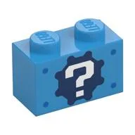 Brick 1 x 2 with '?' on Gear Background and Blue Spots Print / Dark Azure